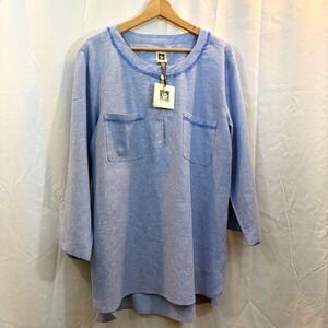 Anne Klein NWT's Elevated Blue Linen Blend Tunic Shirt Fringe Pockets, Size XL